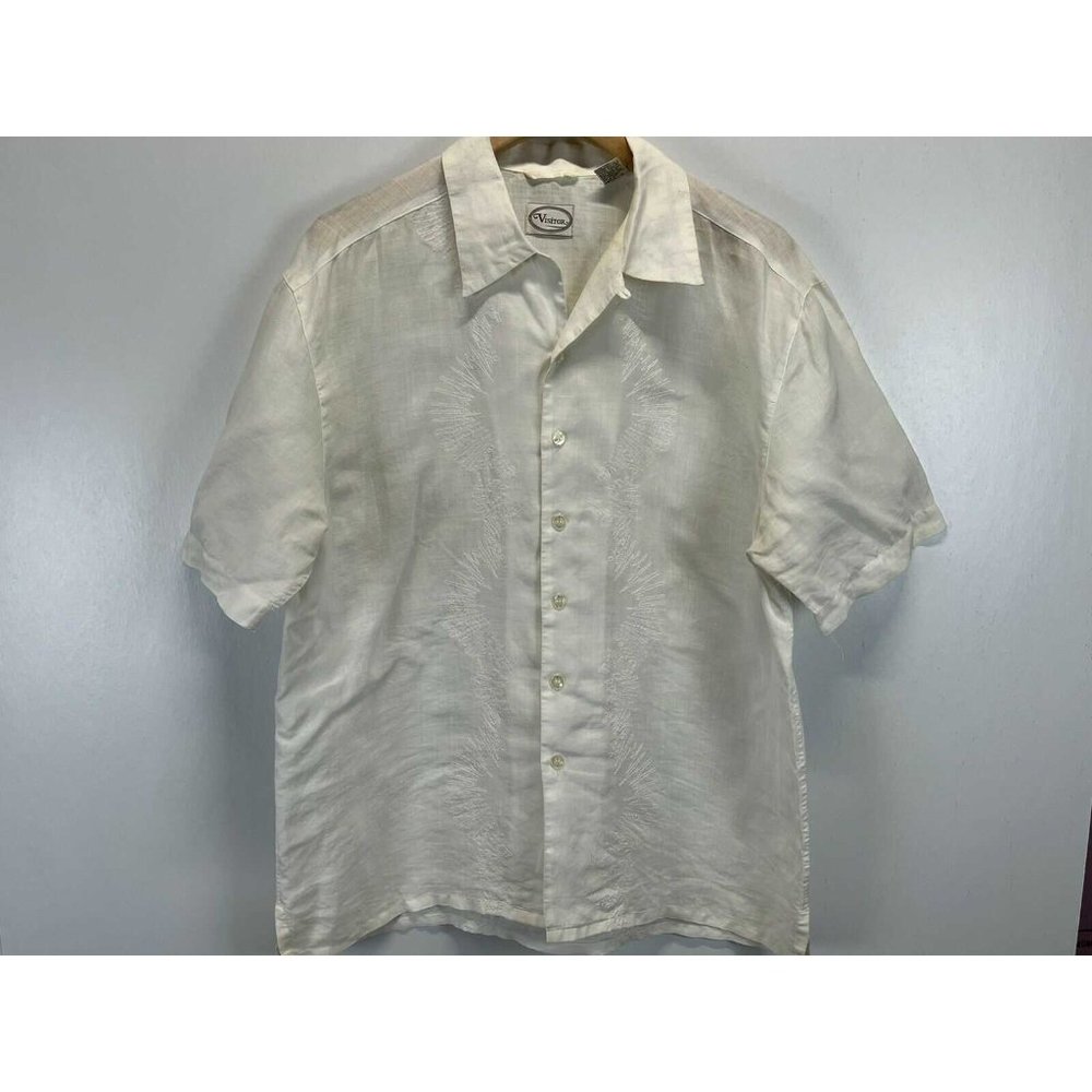 Womens Vintage Visitor 100% Linen Button Up Shirt Sz L GUC Embroidered